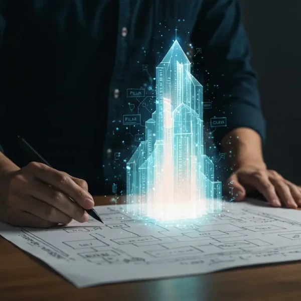 Arquitecto digital diseñando una estrategia de contenido pilar y clústeres temáticos que se convierte en una estructura de autoridad SEO.