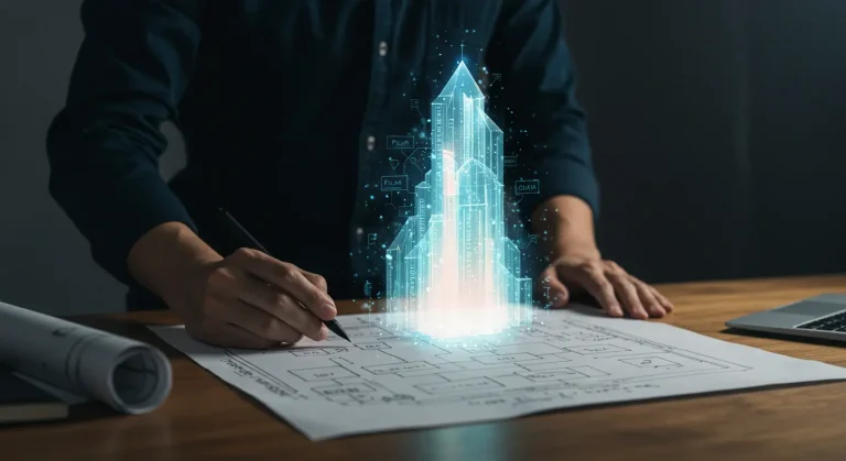 Arquitecto digital diseñando una estrategia de contenido pilar y clústeres temáticos que se convierte en una estructura de autoridad SEO.