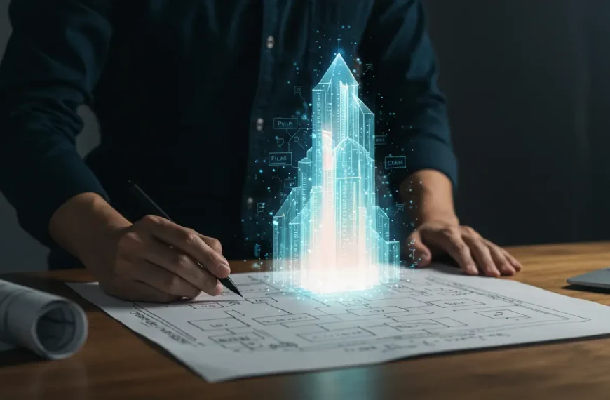 Arquitecto digital diseñando una estrategia de contenido pilar y clústeres temáticos que se convierte en una estructura de autoridad SEO.