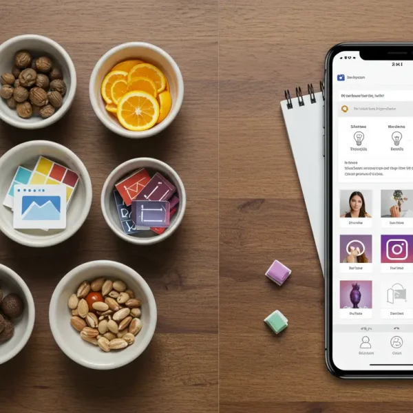 Concepto de batching de contenido, mostrando cómo preparar todos los elementos de una vez para crear publicaciones de redes sociales de forma eficiente.
