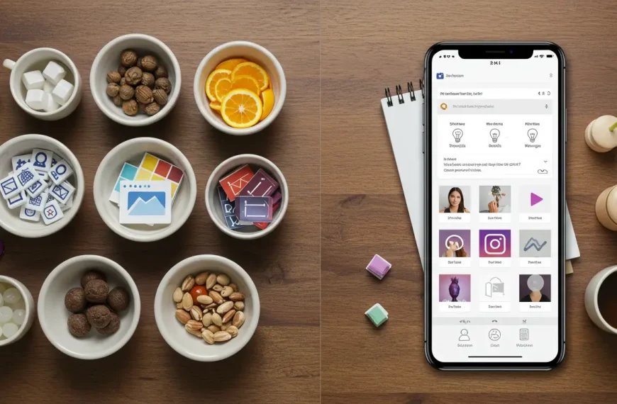 Concepto de batching de contenido, mostrando cómo preparar todos los elementos de una vez para crear publicaciones de redes sociales de forma eficiente.