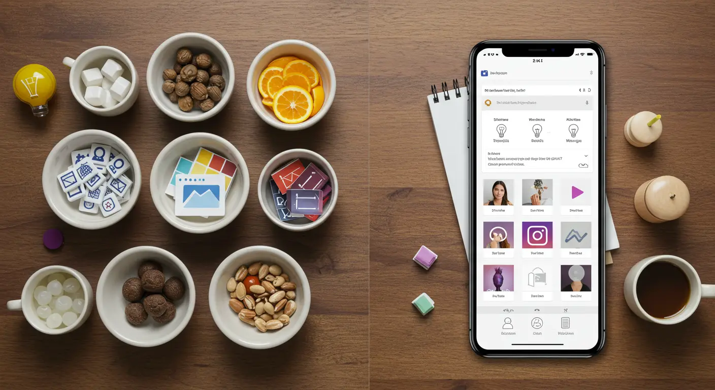 Concepto de batching de contenido, mostrando cómo preparar todos los elementos de una vez para crear publicaciones de redes sociales de forma eficiente.