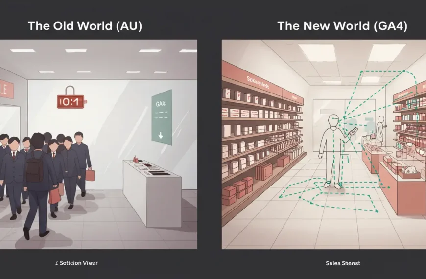 Ilustración que compara Universal Analytics (UA) con Google Analytics 4 (GA4), mostrando el cambio de un enfoque en sesiones a un enfoque en el viaje del usuario.