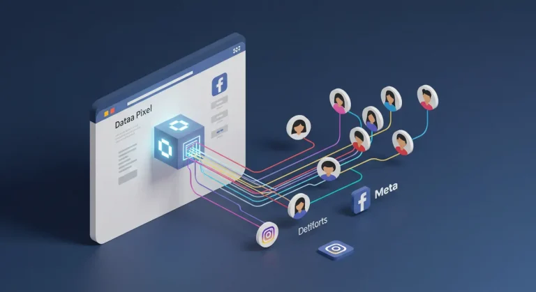 Diagrama que muestra cómo el Píxel de Facebook rastrea a los visitantes de un sitio web para crear audiencias de retargeting en Instagram y Facebook.