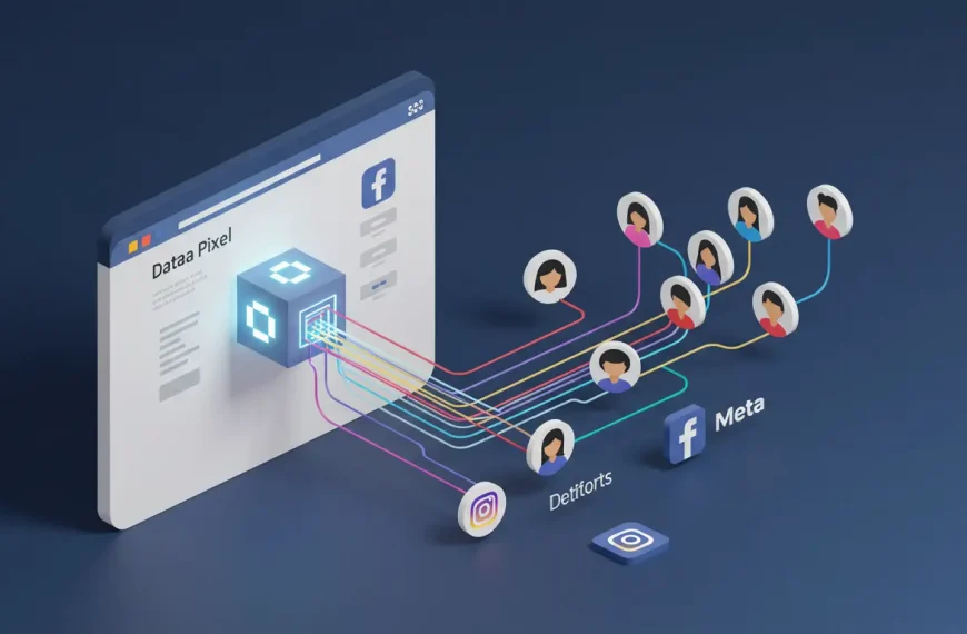 Diagrama que muestra cómo el Píxel de Facebook rastrea a los visitantes de un sitio web para crear audiencias de retargeting en Instagram y Facebook.