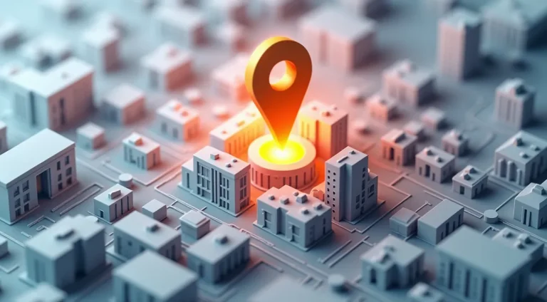 Ilustración 3D de un mapa de una ciudad donde un negocio local brilla y está coronado, simbolizando el dominio del SEO Local.