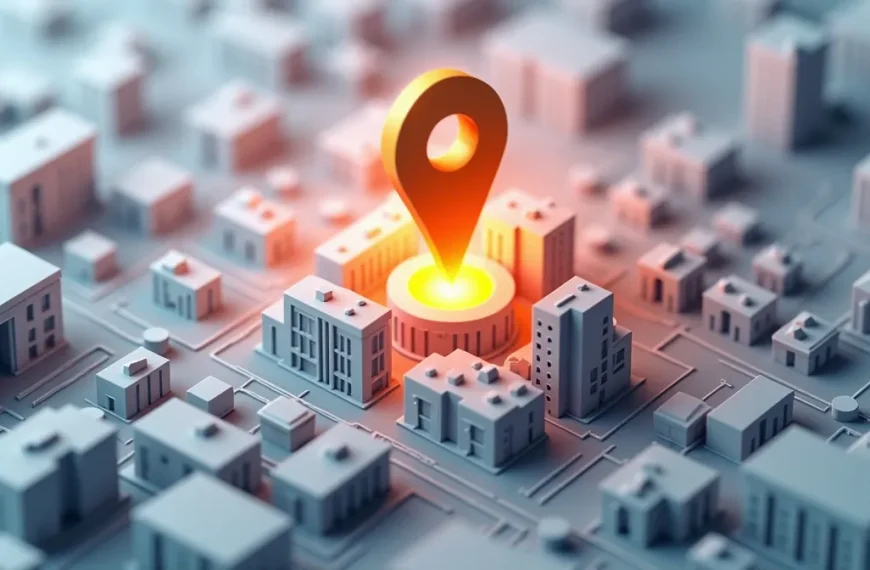 Ilustración 3D de un mapa de una ciudad donde un negocio local brilla y está coronado, simbolizando el dominio del SEO Local.