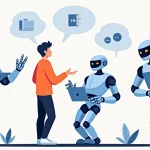 Dueño de negocio dirigiendo a un equipo de brazos robóticos de IA que realizan tareas de marketing, simbolizando la productividad y el control estratégico.