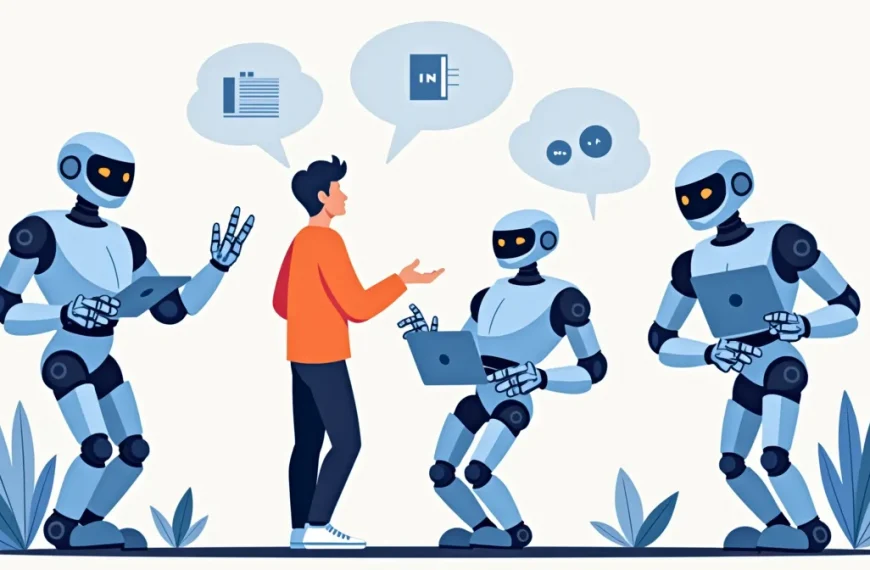 Dueño de negocio dirigiendo a un equipo de brazos robóticos de IA que realizan tareas de marketing, simbolizando la productividad y el control estratégico.