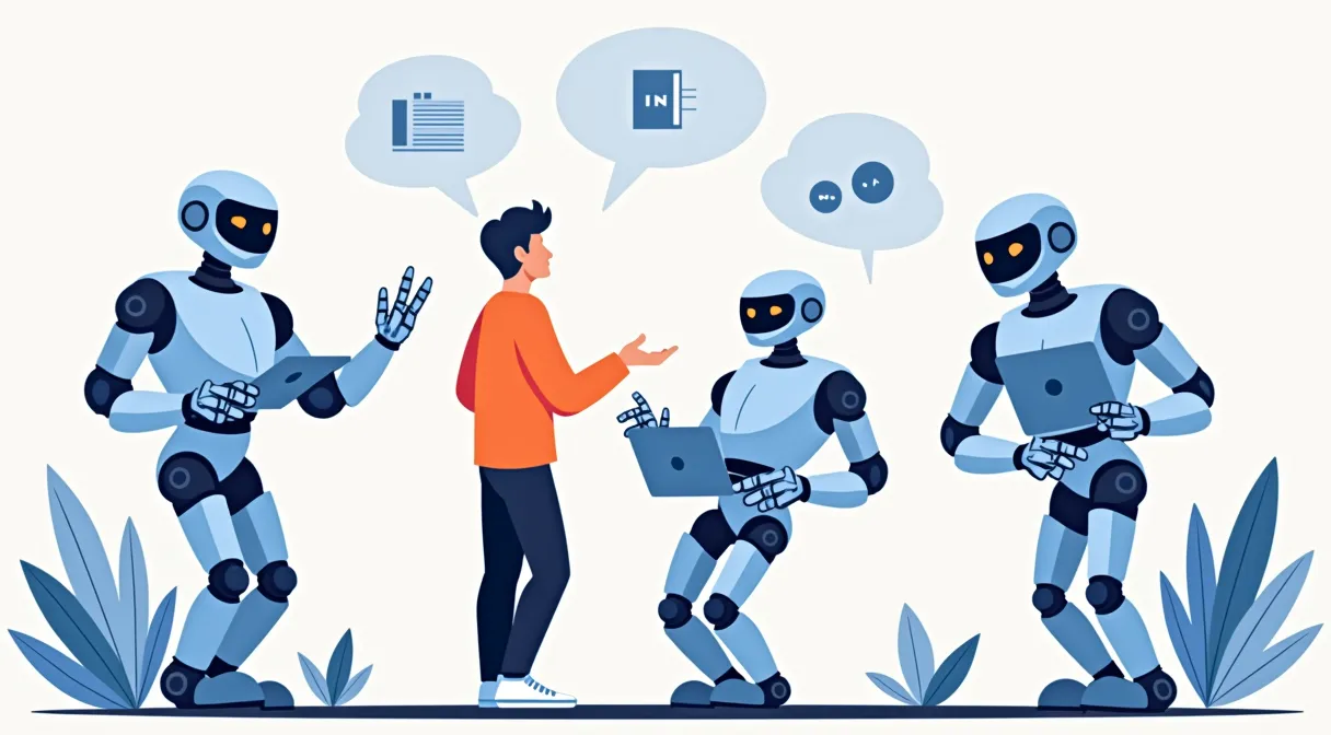 Dueño de negocio dirigiendo a un equipo de brazos robóticos de IA que realizan tareas de marketing, simbolizando la productividad y el control estratégico.