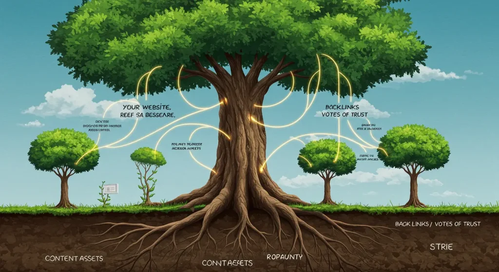 Ilustración de un árbol fuerte (tu sitio web) recibiendo nutrientes (backlinks) de otros árboles, simbolizando una estrategia de link building orgánico.