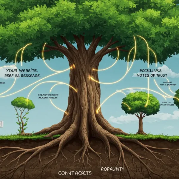 Ilustración de un árbol fuerte (tu sitio web) recibiendo nutrientes (backlinks) de otros árboles, simbolizando una estrategia de link building orgánico.