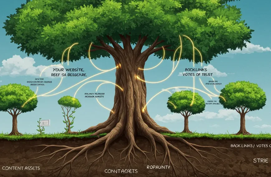 Ilustración de un árbol fuerte (tu sitio web) recibiendo nutrientes (backlinks) de otros árboles, simbolizando una estrategia de link building orgánico.