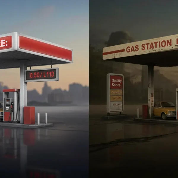 Ilustración que compara el Nivel de Calidad (Quality Score) con el precio de la gasolina, mostrando que una mayor calidad reduce el costo por clic en Google Ads.