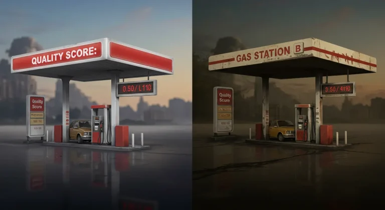 Ilustración que compara el Nivel de Calidad (Quality Score) con el precio de la gasolina, mostrando que una mayor calidad reduce el costo por clic en Google Ads.