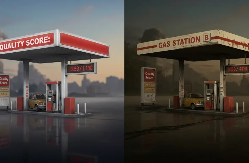 Ilustración que compara el Nivel de Calidad (Quality Score) con el precio de la gasolina, mostrando que una mayor calidad reduce el costo por clic en Google Ads.