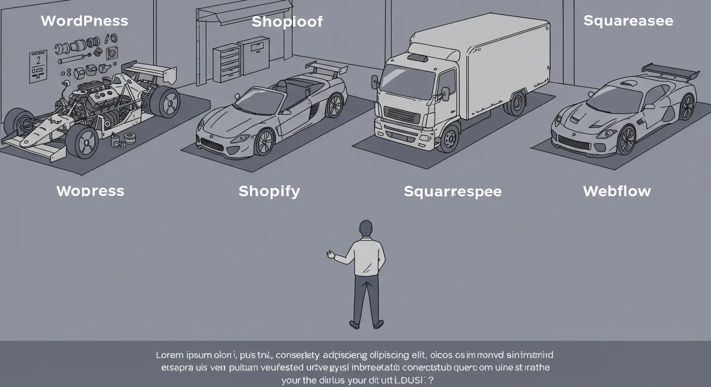 Dueño de negocio eligiendo estratégicamente la plataforma web correcta entre WordPress, Shopify, Squarespace y Webflow.