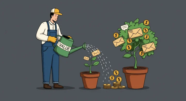 Ilustración de un jardinero regando una planta de emails que da frutos de dinero, simbolizando la estrategia de email marketing como el cultivo de un activo rentable.