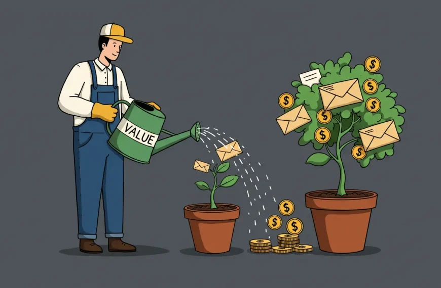 Ilustración de un jardinero regando una planta de emails que da frutos de dinero, simbolizando la estrategia de email marketing como el cultivo de un activo rentable.