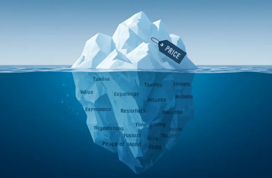 Ilustración de un iceberg que muestra cómo el precio es solo la punta visible del valor subyacente de un servicio, como la estrategia y los resultados.