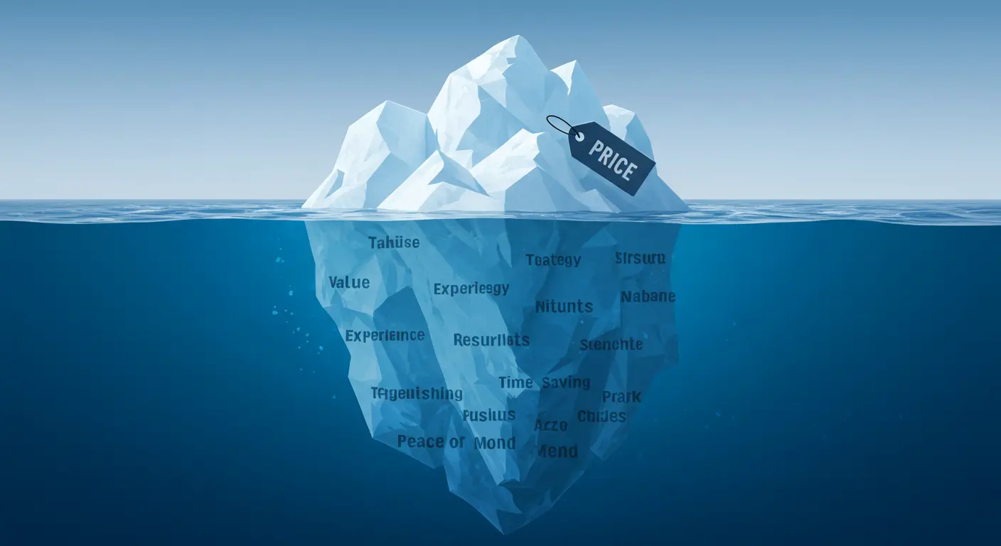 Ilustración de un iceberg que muestra cómo el precio es solo la punta visible del valor subyacente de un servicio, como la estrategia y los resultados.