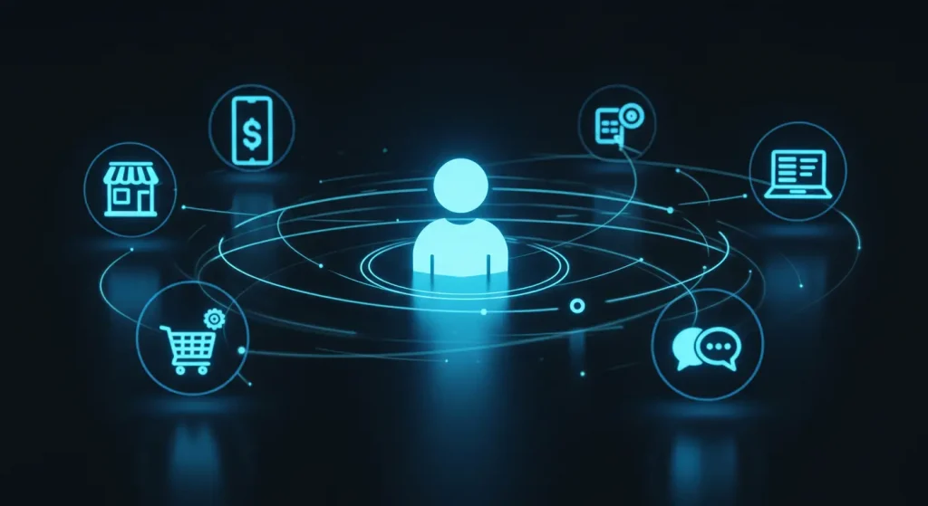 Ilustración de una estrategia omnicanal con un cliente en el centro, conectado fluidamente a la tienda física, el móvil, la web y el servicio al cliente.