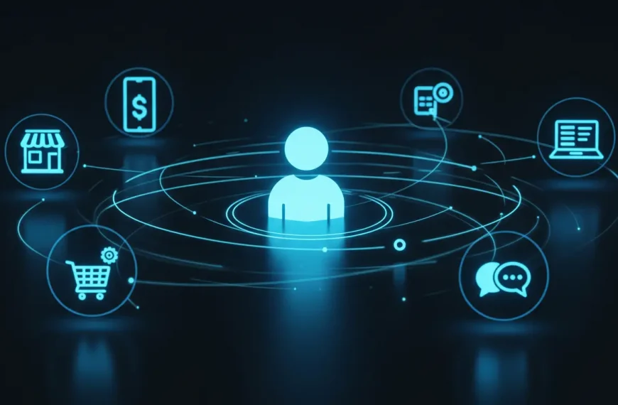 Ilustración de una estrategia omnicanal con un cliente en el centro, conectado fluidamente a la tienda física, el móvil, la web y el servicio al cliente.