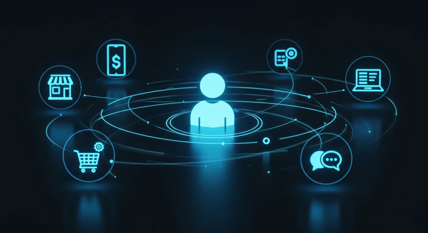 Ilustración de una estrategia omnicanal con un cliente en el centro, conectado fluidamente a la tienda física, el móvil, la web y el servicio al cliente.