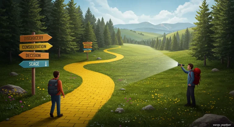 Guía de marketing iluminando el camino del cliente a través de su viaje de compra, desde el descubrimiento hasta la decisión.