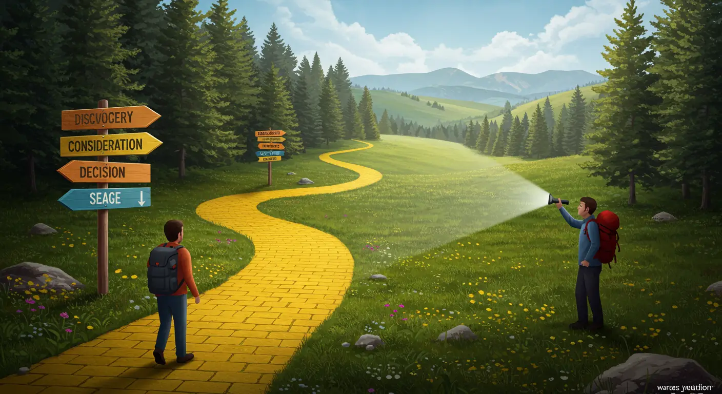 Guía de marketing iluminando el camino del cliente a través de su viaje de compra, desde el descubrimiento hasta la decisión.