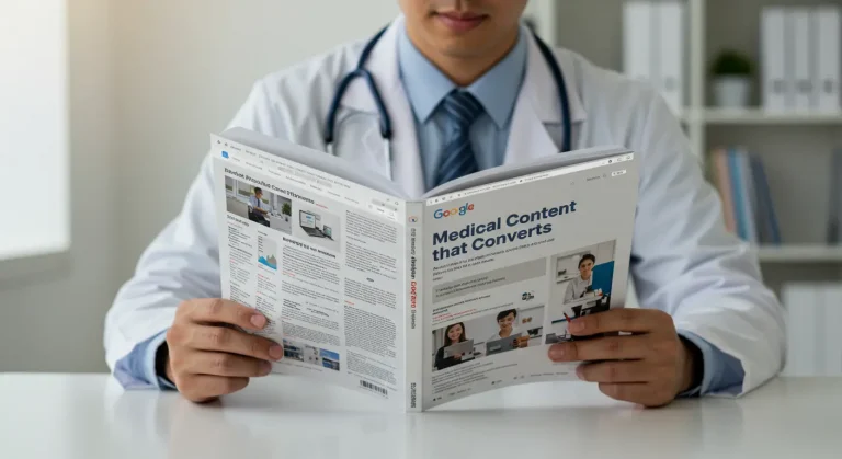 Médico utilizando contenido digital en una tablet para educar a un paciente de forma clara y empática.