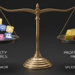 Balanza mostrando cómo las métricas de rentabilidad como el ROI pesan más que las métricas de vanidad como los 'likes'.