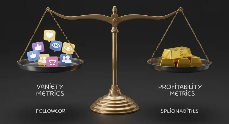 Balanza mostrando cómo las métricas de rentabilidad como el ROI pesan más que las métricas de vanidad como los 'likes'.