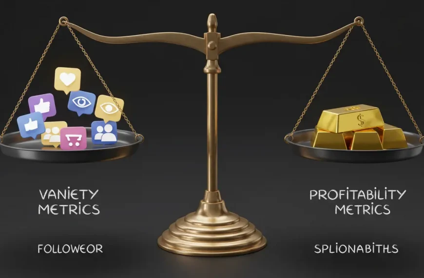 Balanza mostrando cómo las métricas de rentabilidad como el ROI pesan más que las métricas de vanidad como los 'likes'.