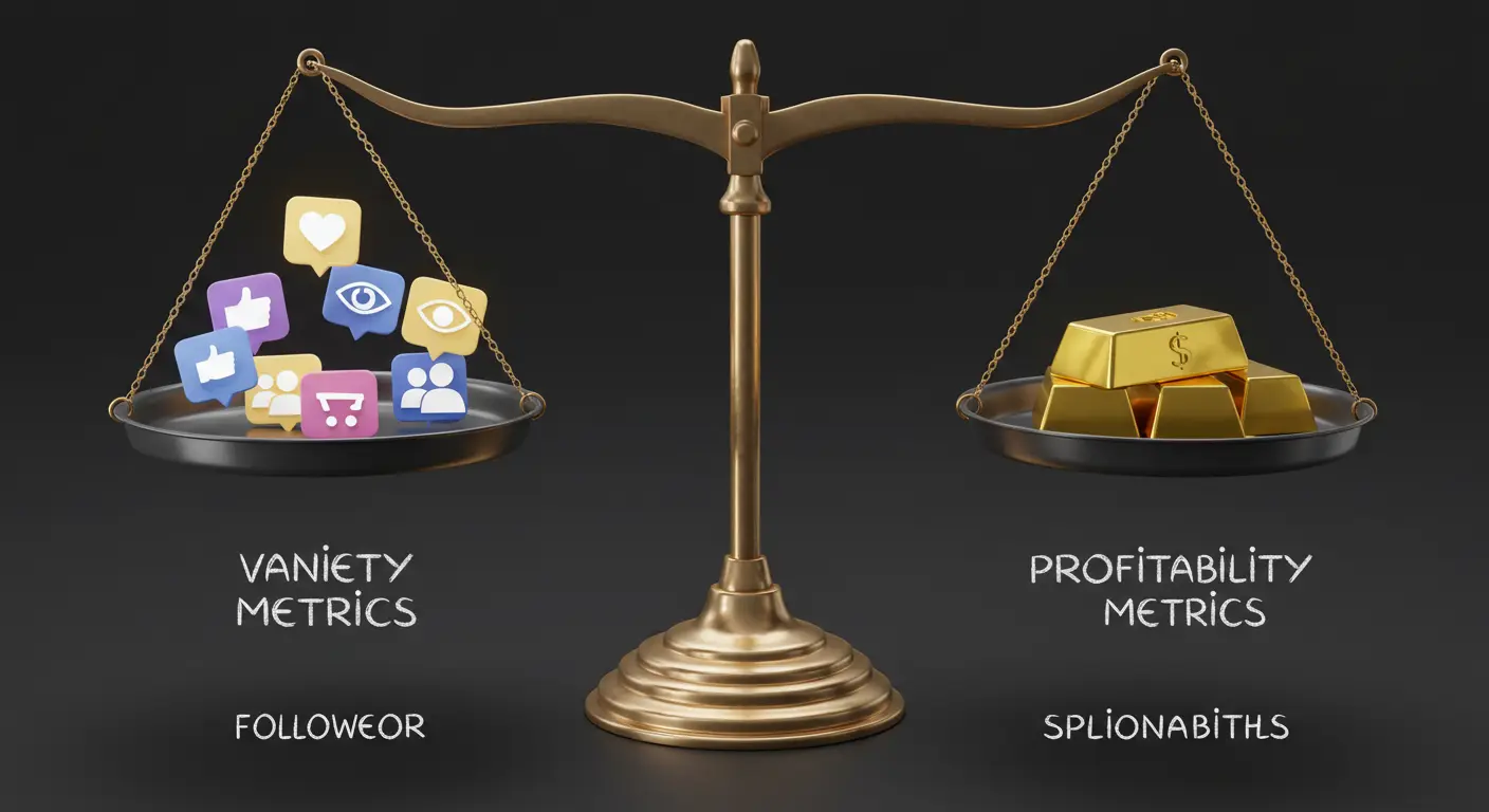 Balanza mostrando cómo las métricas de rentabilidad como el ROI pesan más que las métricas de vanidad como los 'likes'.