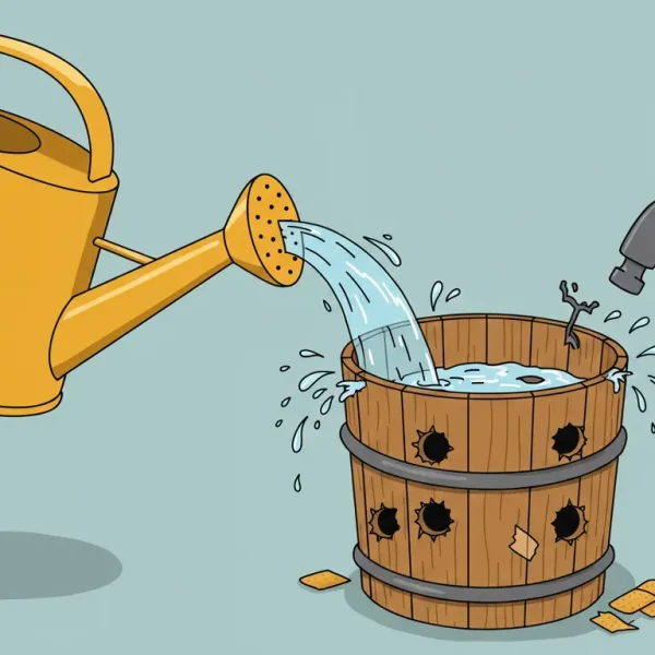 Ilustración de un cubo con fugas siendo reparado, simbolizando la optimización de la tasa de conversión (CRO) para evitar la pérdida de tráfico.