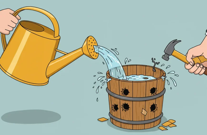 Ilustración de un cubo con fugas siendo reparado, simbolizando la optimización de la tasa de conversión (CRO) para evitar la pérdida de tráfico.