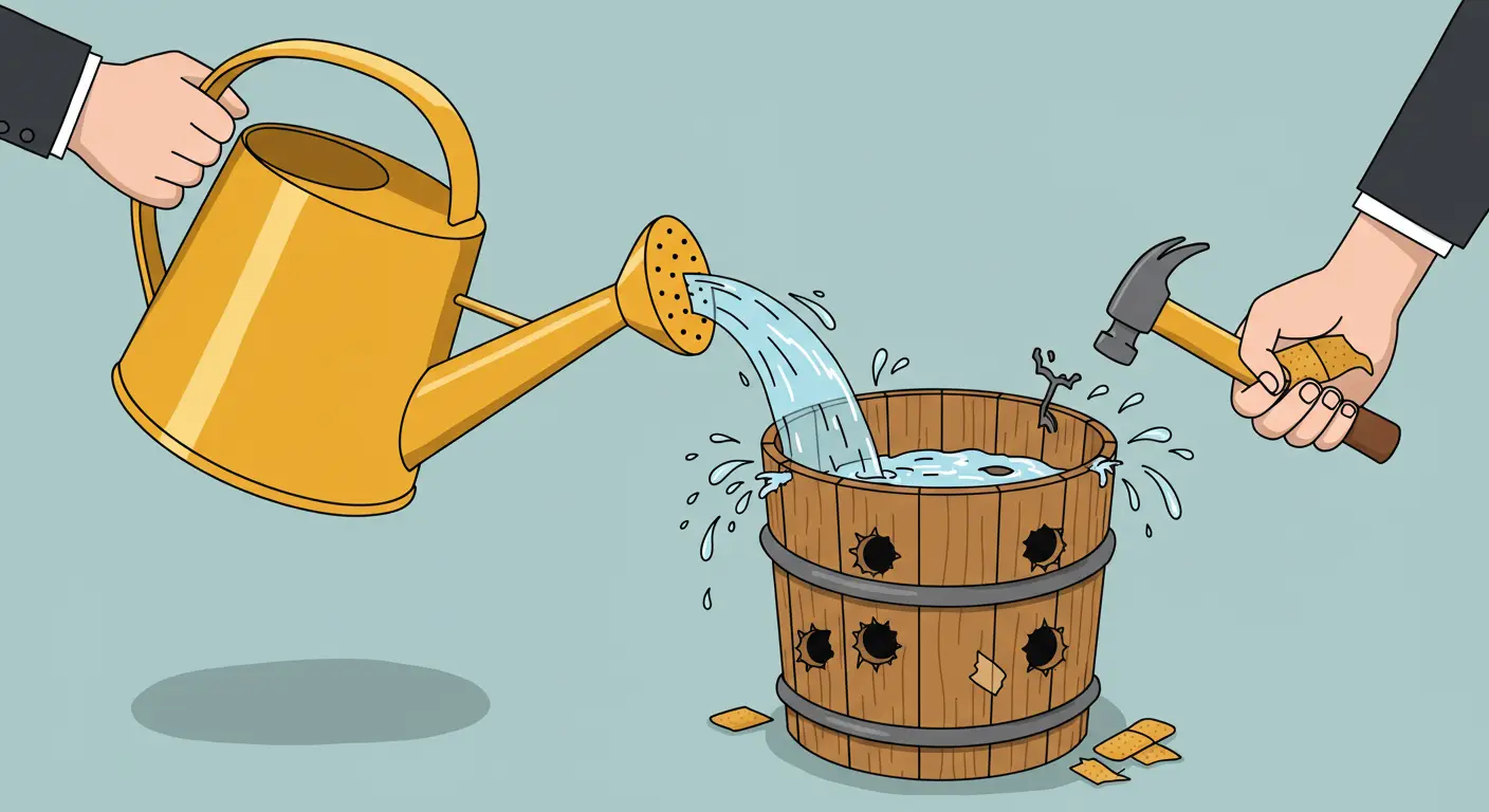 Ilustración de un cubo con fugas siendo reparado, simbolizando la optimización de la tasa de conversión (CRO) para evitar la pérdida de tráfico.