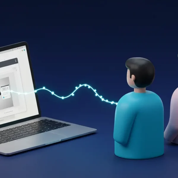 Ilustración de una estrategia de remarketing inteligente, donde una marca extiende un puente de luz para reconectar con un cliente que se ha ido.