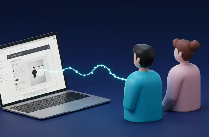 Ilustración de una estrategia de remarketing inteligente, donde una marca extiende un puente de luz para reconectar con un cliente que se ha ido.