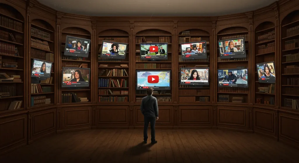 Ilustración de una biblioteca donde los libros son videos de YouTube, simbolizando a YouTube como un activo de contenido evergreen y de autoridad.