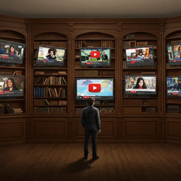 Ilustración de una biblioteca donde los libros son videos de YouTube, simbolizando a YouTube como un activo de contenido evergreen y de autoridad.