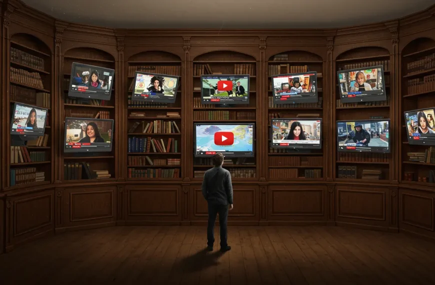 Ilustración de una biblioteca donde los libros son videos de YouTube, simbolizando a YouTube como un activo de contenido evergreen y de autoridad.