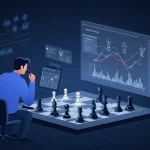 Estratega de marketing usando el análisis competitivo digital para anticipar los movimientos de la competencia, como en una partida de ajedrez.