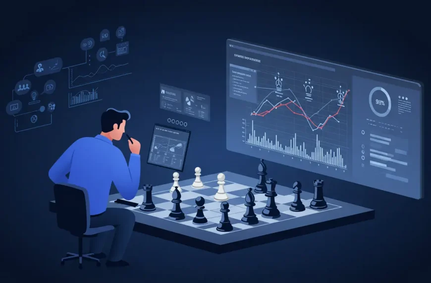Estratega de marketing usando el análisis competitivo digital para anticipar los movimientos de la competencia, como en una partida de ajedrez.