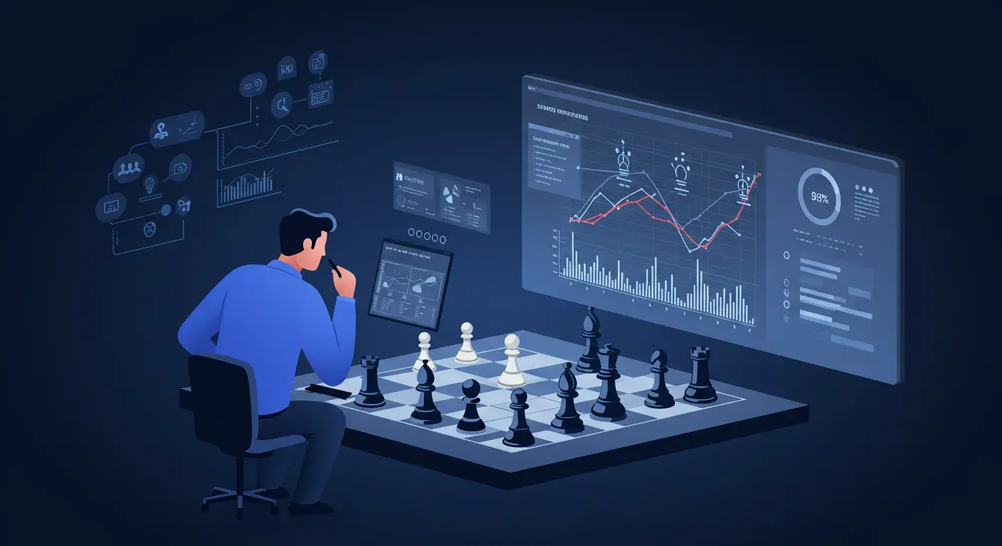 Estratega de marketing usando el análisis competitivo digital para anticipar los movimientos de la competencia, como en una partida de ajedrez.