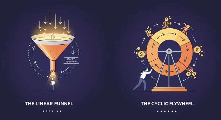 Comparación visual entre el embudo de ventas lineal que pierde energía y el marketing flywheel cíclico que la acumula.