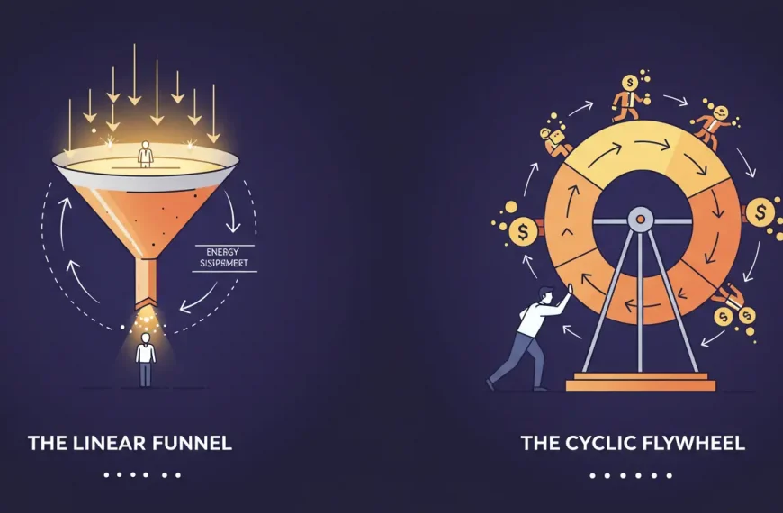 Comparación visual entre el embudo de ventas lineal que pierde energía y el marketing flywheel cíclico que la acumula.