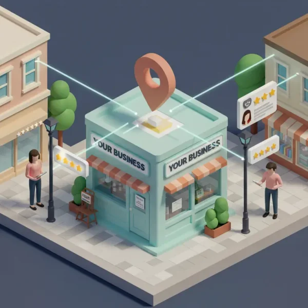 Ilustración del ecosistema de marketing de un negocio local, conectado con Google Maps, las reseñas de los clientes y otros negocios del barrio.