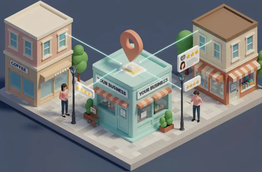 Ilustración del ecosistema de marketing de un negocio local, conectado con Google Maps, las reseñas de los clientes y otros negocios del barrio.